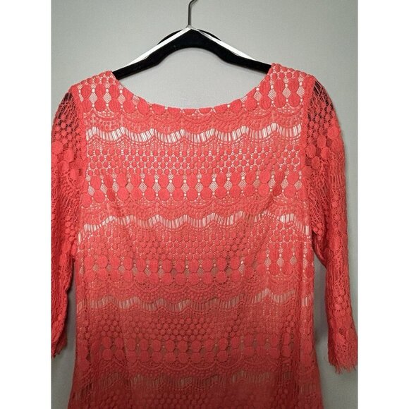 Eliza J. Nordstrom Women's Coral Orange Lace Shift Dress Size 14 3/4 Sleeve - Picture 4 of 8